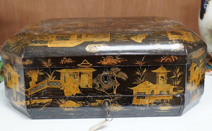 A 19th century Chinese lacquered sewing box, 33.5cm wide. Condition - fair, generally worn